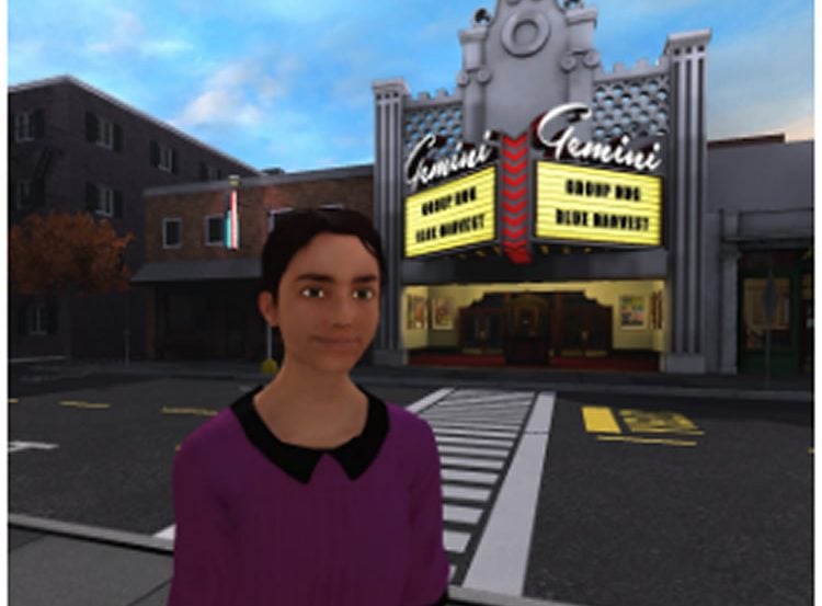 Image shows a vr girl by a movie theatre.