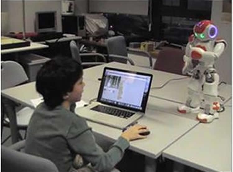 Image shows a child and a robot.