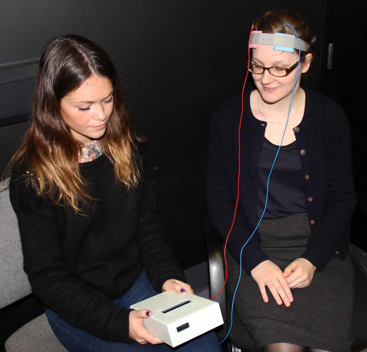 Image shows the researcher delivering tDCS,