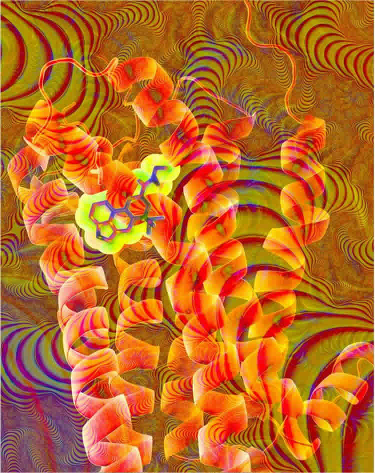 Image shows a psychedelic pattern and chemical structure of LSD.