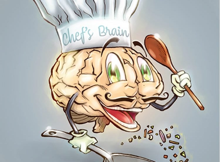 Image shows a drawing of a brain in a chef hat, holding a frying pan.