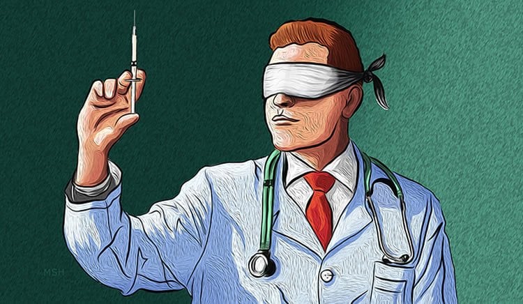 Image shows a drawing of a doctor holding a needle.