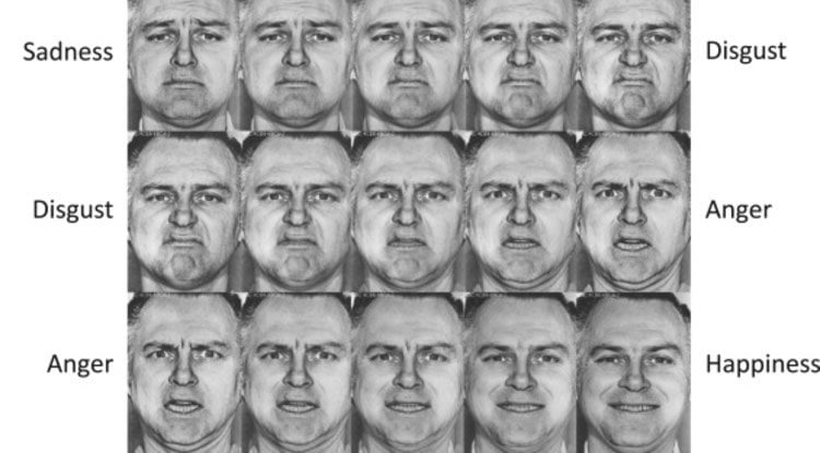 Image shows a man expressing different facial expressions from anger to sadness.