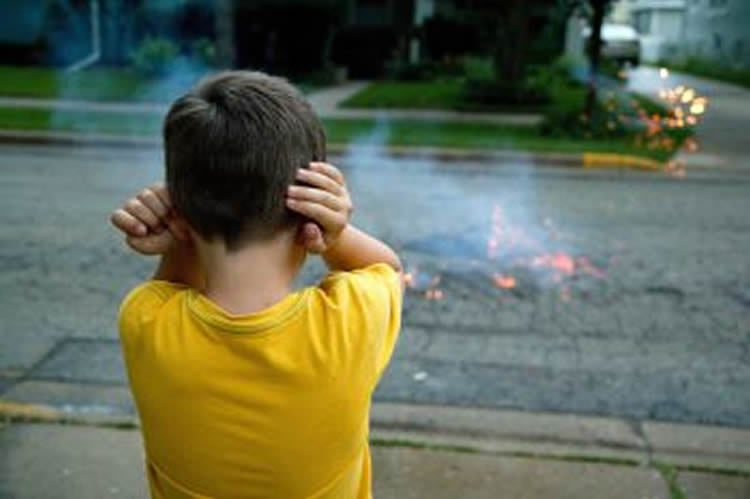 Image shows a boy holding his ears while watching fireworks.