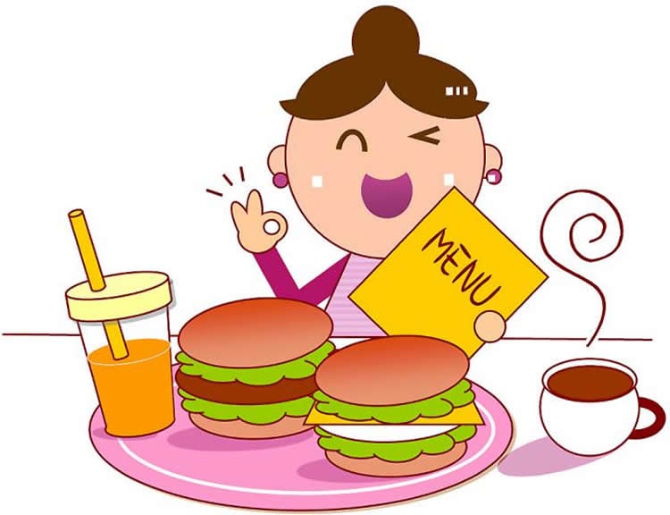 Image shows a cartoon of a woman and food.