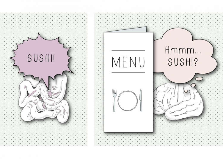 Image shows a gut and brain looking at a menu.