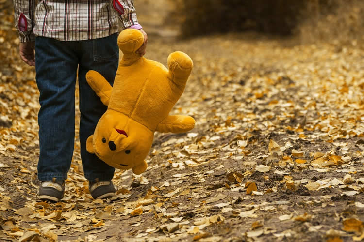 Image shows a child carrying a teddy.