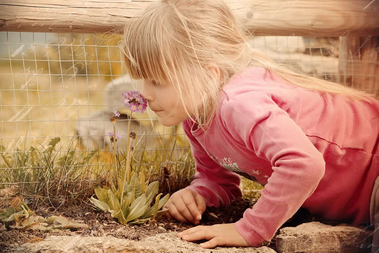 Image shows a girl sniffing a flower.
