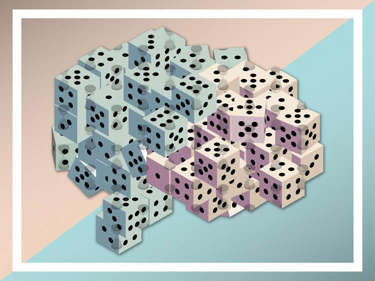Image shows a brain made up of dice.