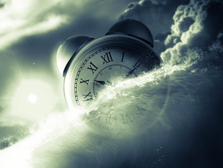 Image shows clouds and a clock.