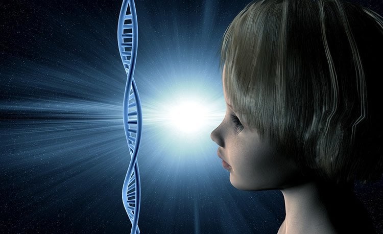 Image shows a dna strand and a child.