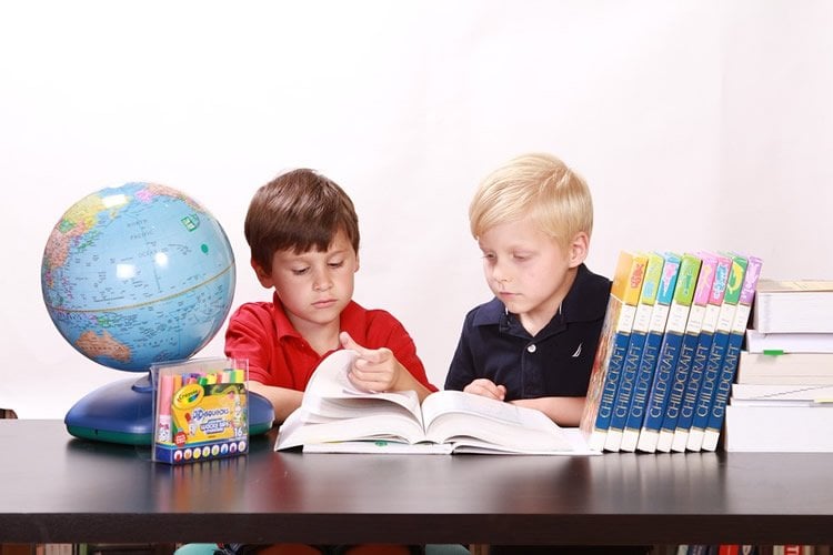 Image shows two little boys reading a book.