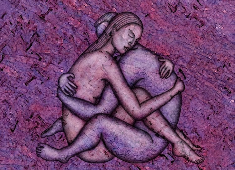 Image shows a painting of lovers embracing.