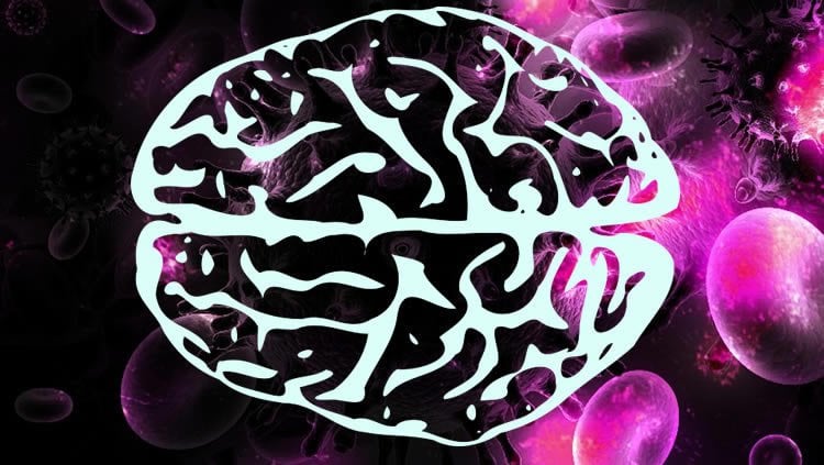 Image shows a brain over an image of a virus.