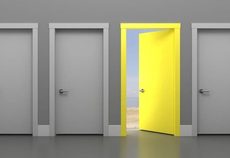 Image shows 3 gray doors and one open yellow door.