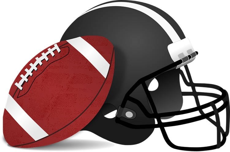 Image shows a football helmet and a ball.