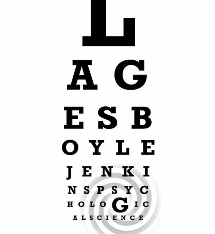 Image shows a swirl and an eye chart.