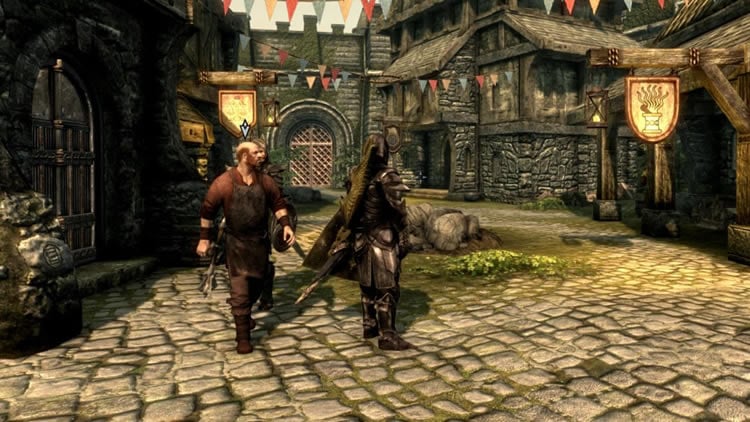 Image shows a Skyrim NPC walking a horse.