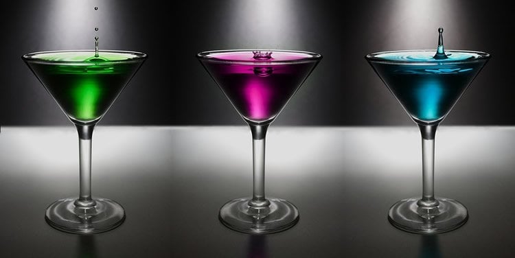 Image shows 3 colored drinks.
