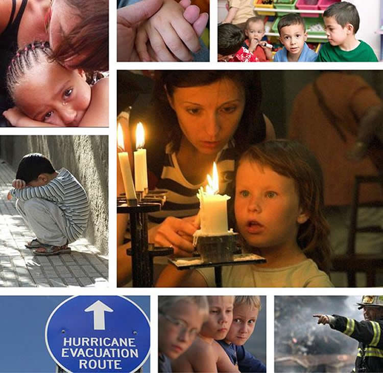 Image shows children crying and disaster signs.