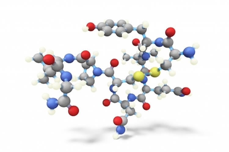 Image shows a stick and ball model of oxytocin.