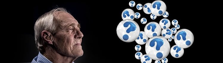 Image shows an old man surrounded by question marks.