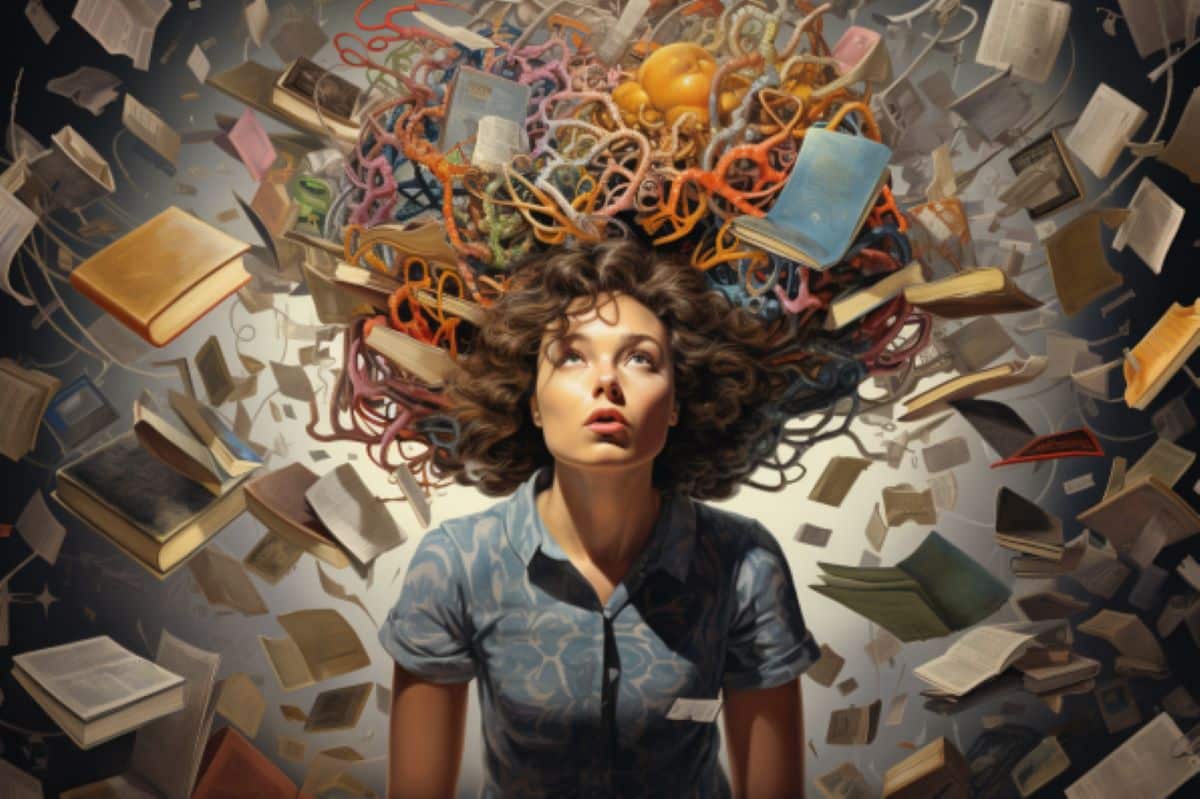 This shows a woman surrounded by books.