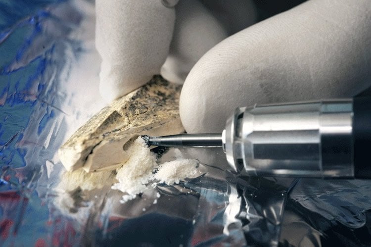 Image shows someone drilling a bone fragment for DNA analysis.
