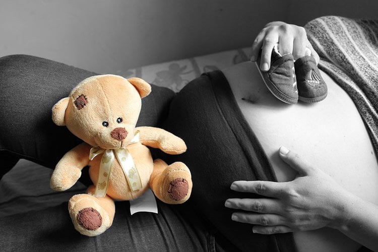 Image shows a pregnat woman and a teddy bear.