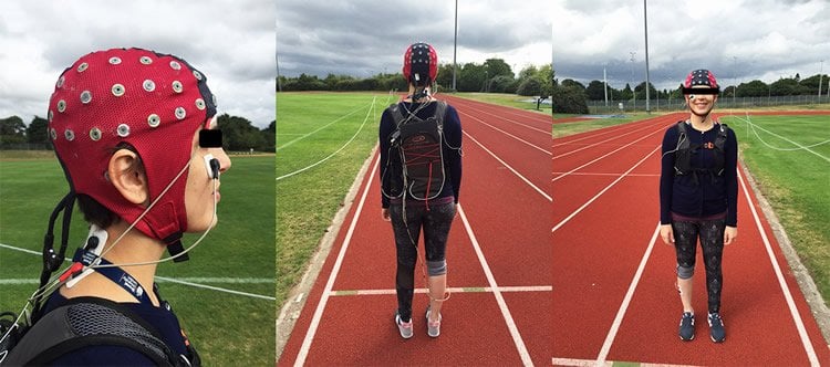 Image shows a person in an EEG cap on a running track.