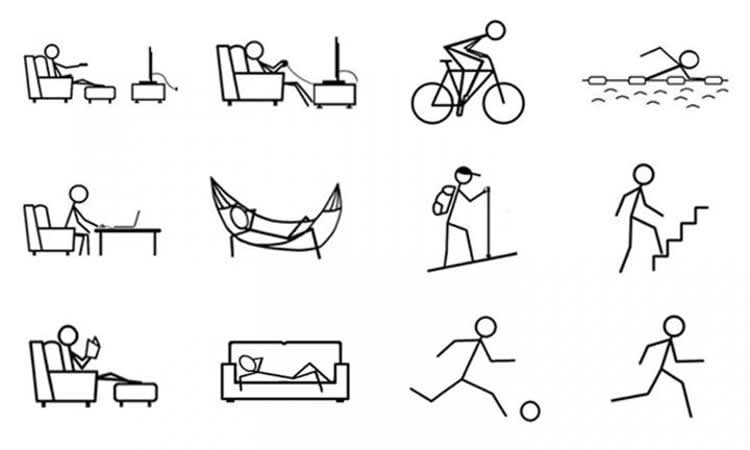 stick figure cartoons of people being active and lazy