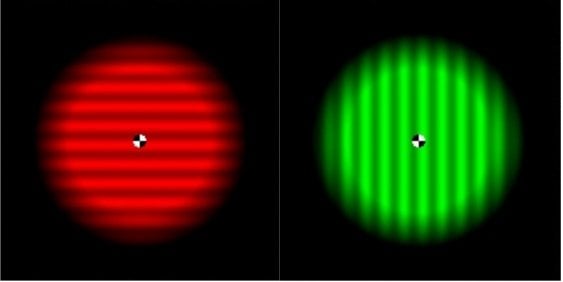 A red glowing circle with horizontal lines is next to a green glowing circle with vertical lines. 