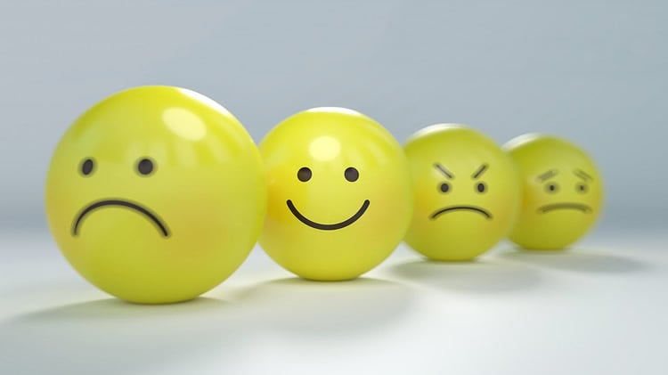 This shows a happy face ball with other sad face balls