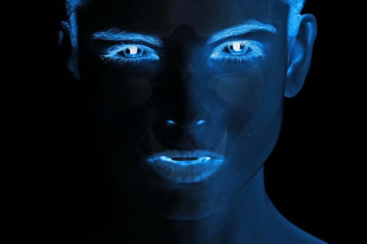 A blue face that looks like a robot is shown here