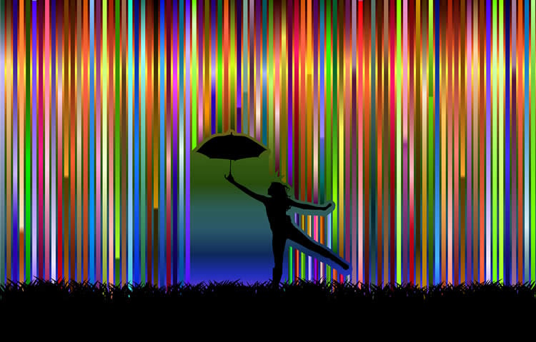 This shows a person dancing through a rainbow with an umbrella