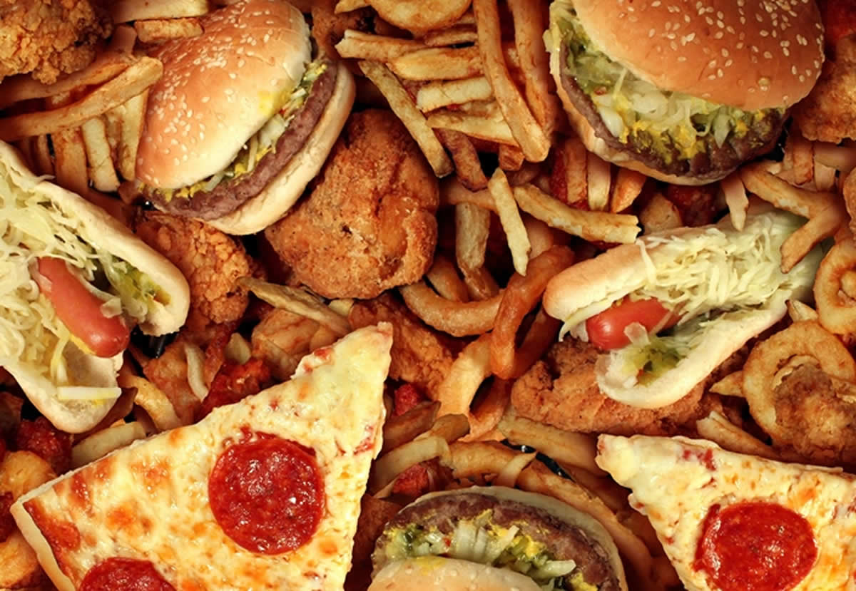 This shows pizza, burgers and other junk foods