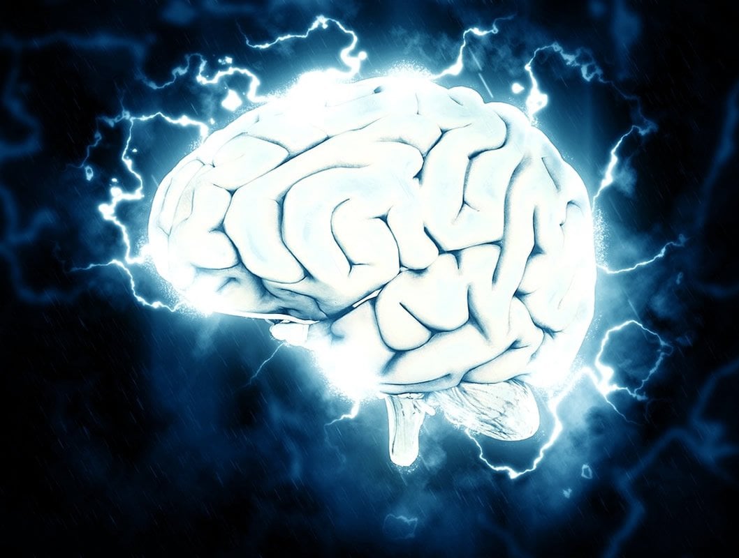 This shows a brain surrounded by electricity