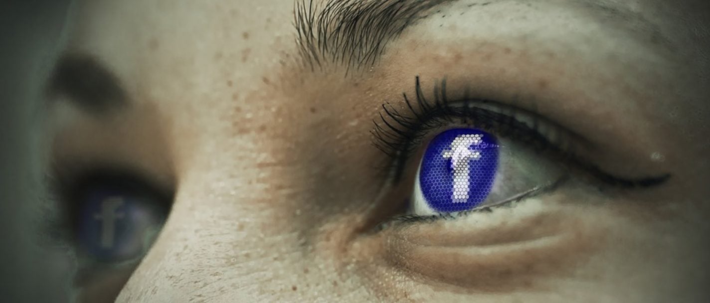 This shows a woman with the facebook logo in her eye