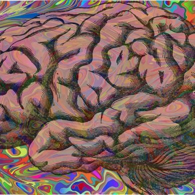 This shows a brain against a psychedelic background