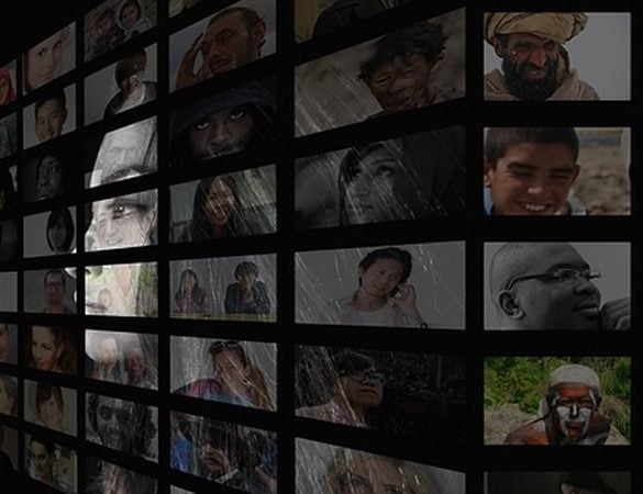 This shows a woman looking at different people