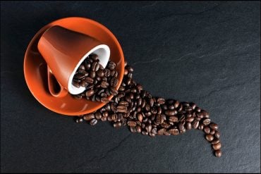 This shows a spilled cup of coffee beans