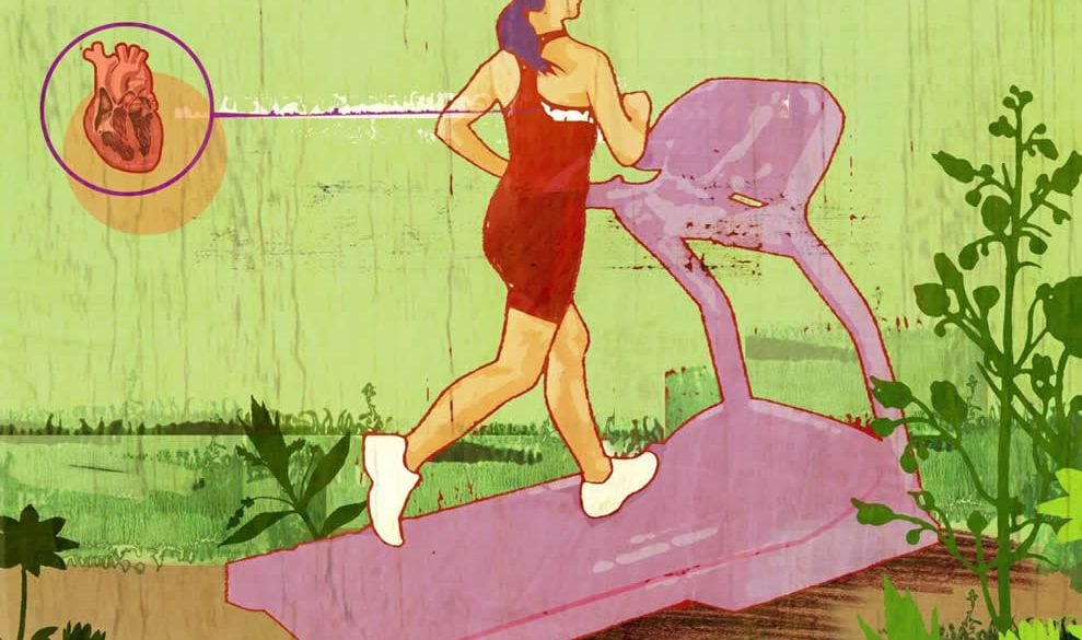 This is a cartoon of a woman jogging on a treadmill