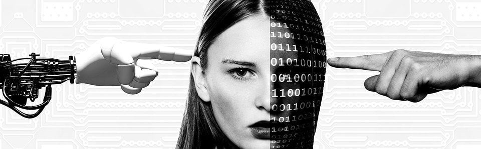 This shows a woman's face and binary code