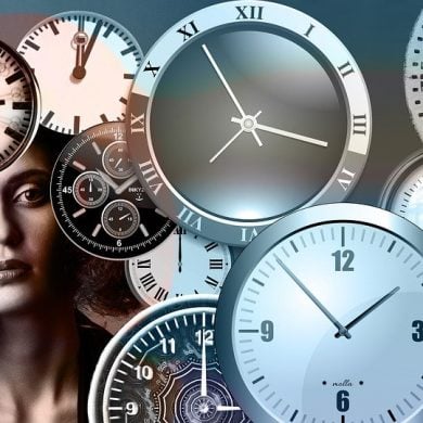 This shows a woman and clocks