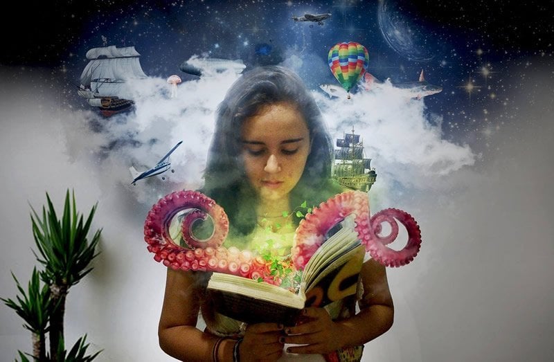 This shows a girl reading a book with an octopus shooting out of it