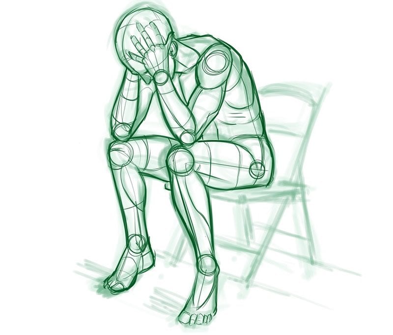 This is a drawing of a man sitting on a chair holding their head