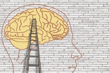 This is a drawing of a brain on a wall and a ladder