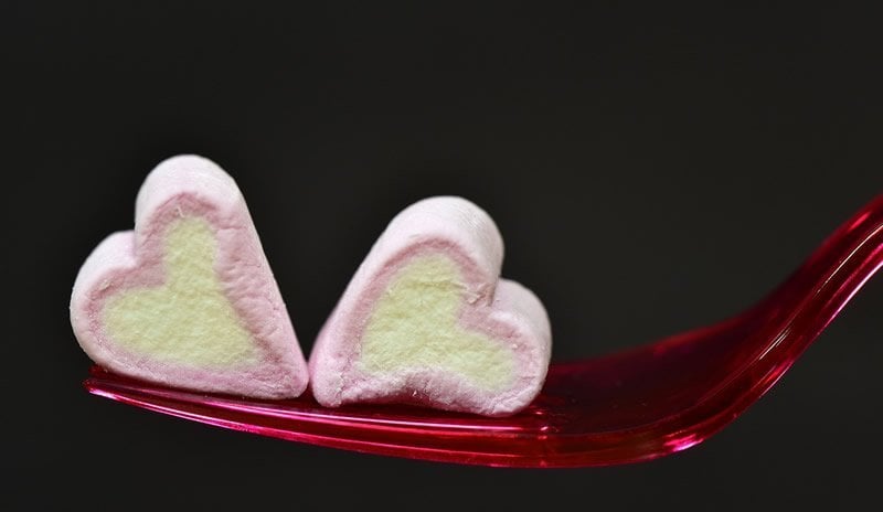 This shows two heart shaped marshmallows