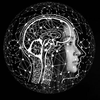 This shows a woman's head and a head made up of lines