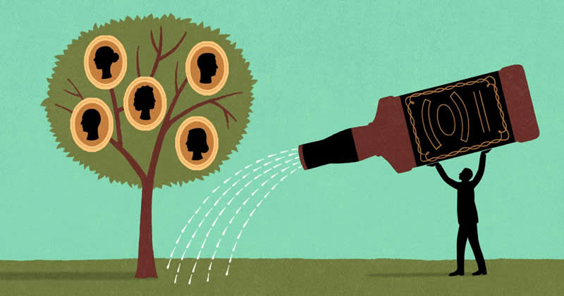 This is a cartoon of a person watering a family tree with alcohol